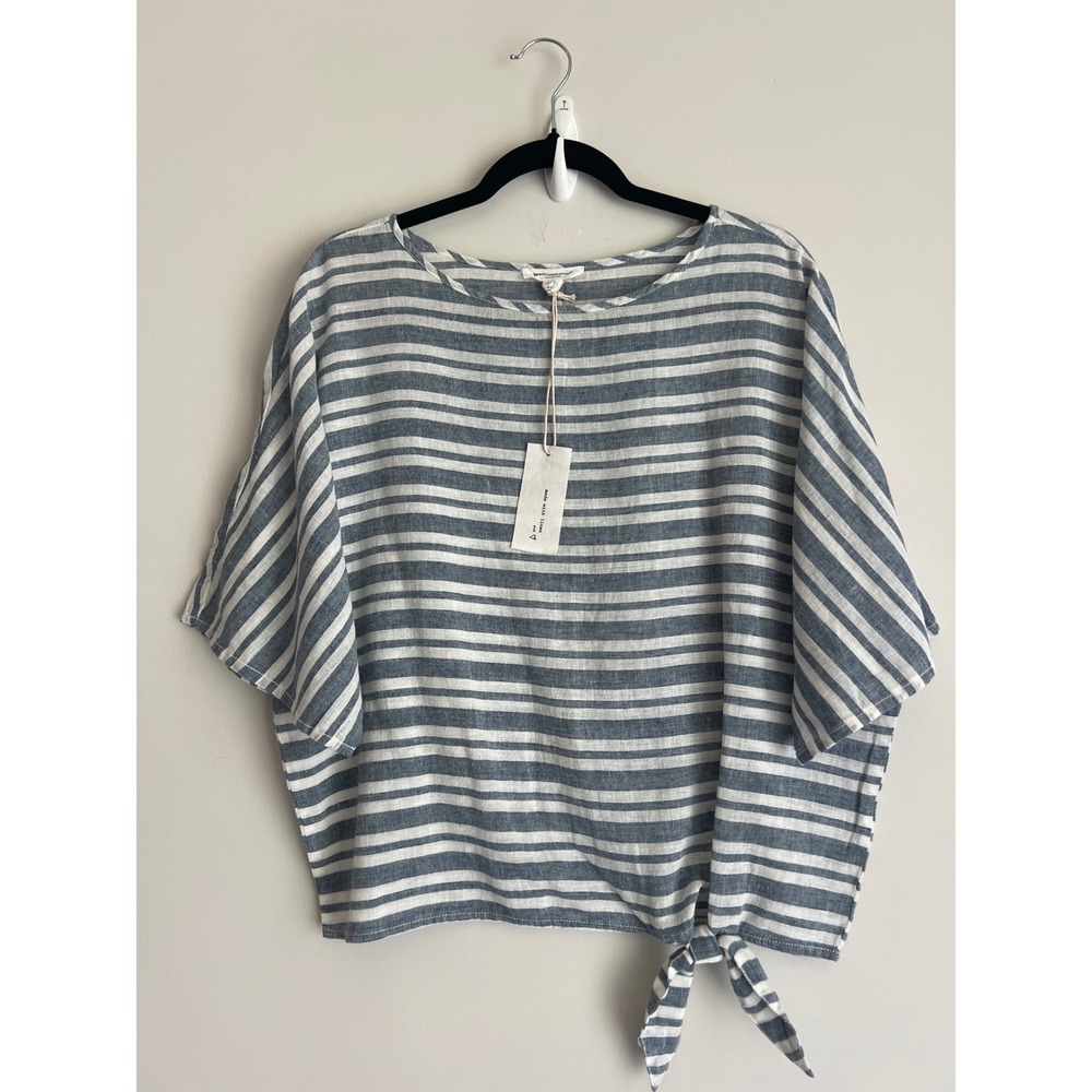 Beachlunchlounge Blue White Striped Linen Blend Tie Front Side Top Small NWT